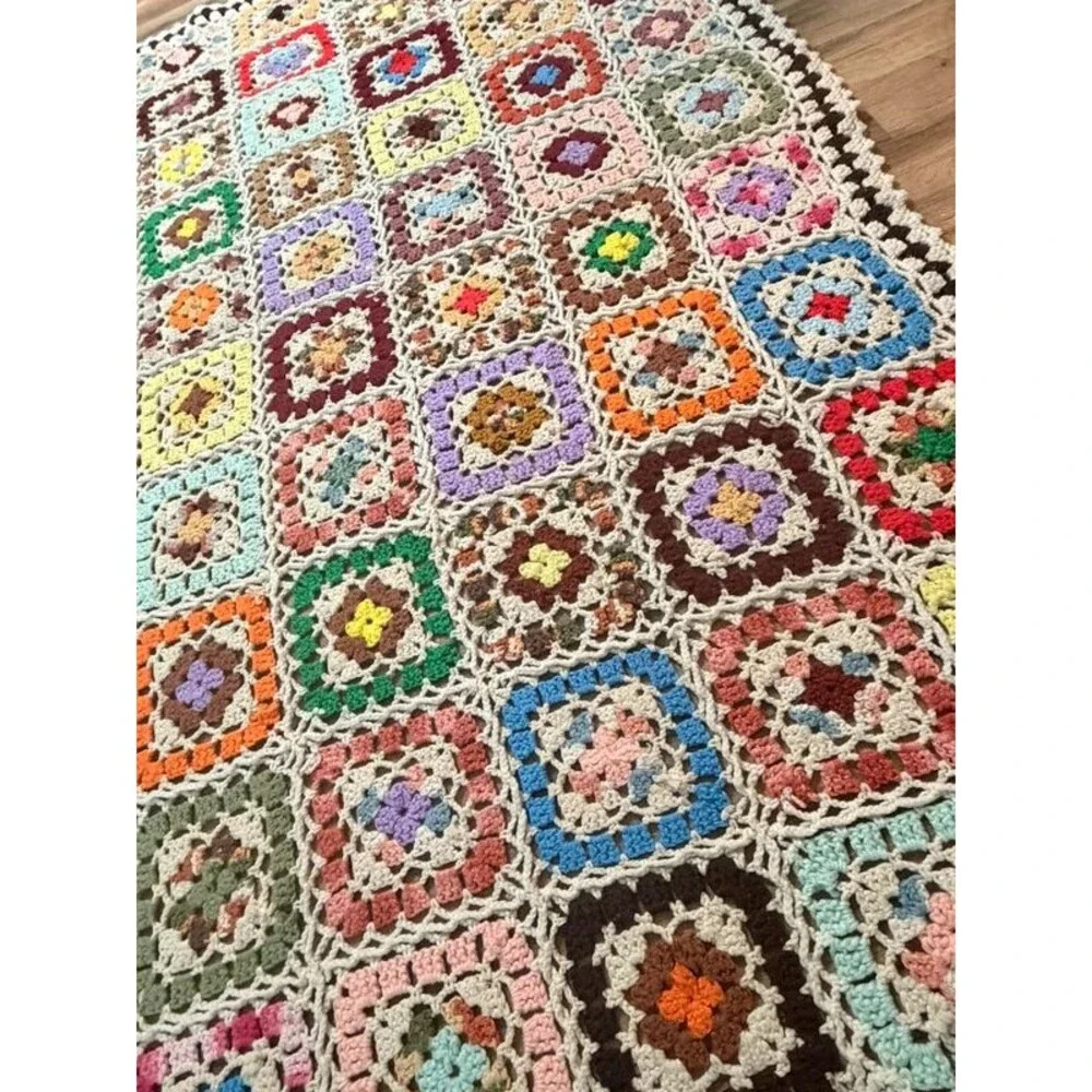 Handmade Crochet Granny Square Afghan Throw Blanket Vintage 50 x 74 Cottagecore